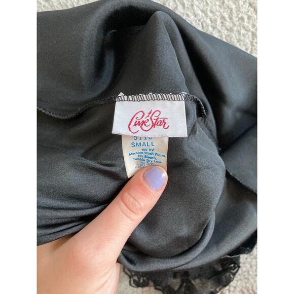 Vintage Cine Star Tank Top Small Satin Lace Round Neck Black Slip Cami Goth Y2K - Picture 6 of 14